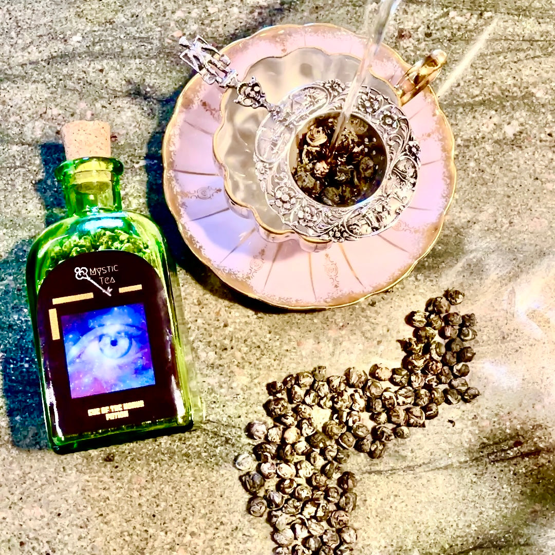 Eye of the Horus Potion Tea Green Jasmine Pearl in Green Glass Jar Cork Top Loose Leaf Sustainable Spell Intentional