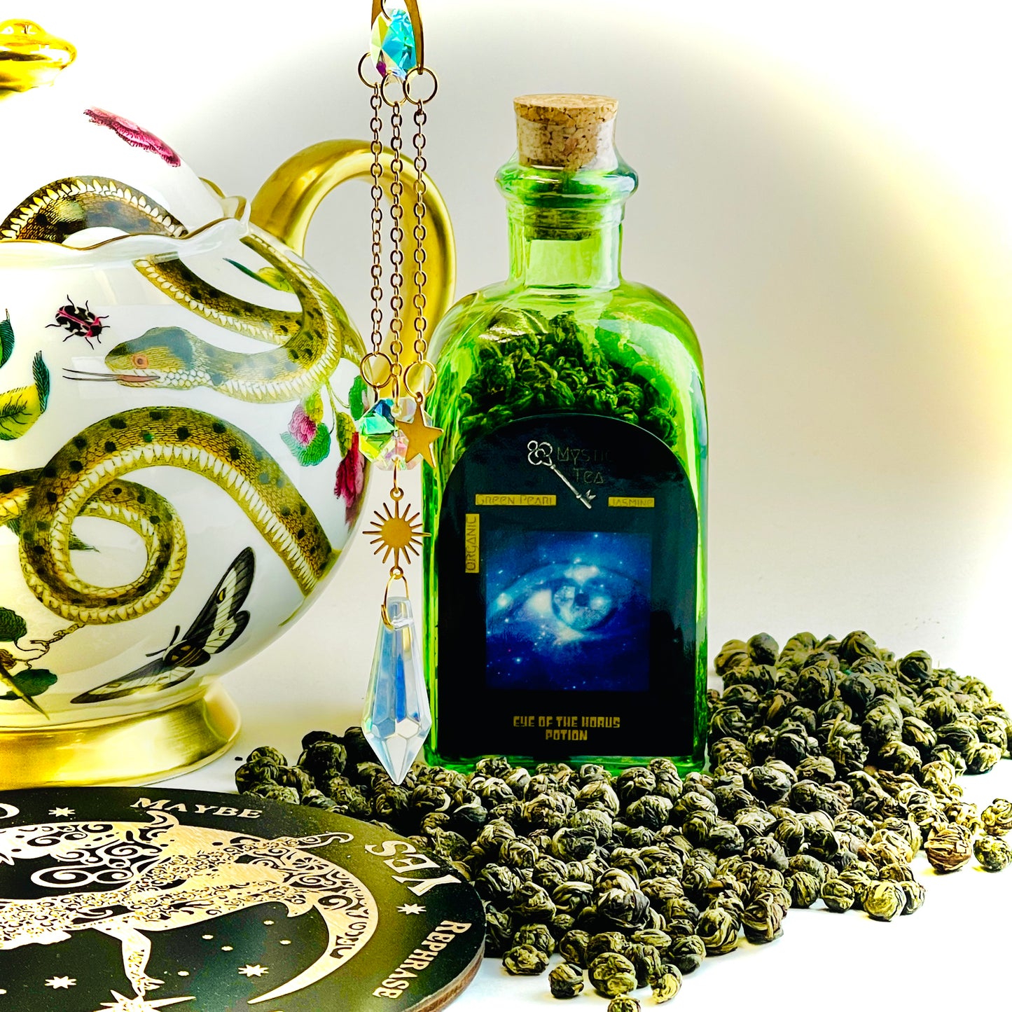 Eye of the Horus Potion Tea Green Jasmine Pearl in Green Glass Jar Cork Top Loose Leaf Sustainable Spell Intentional