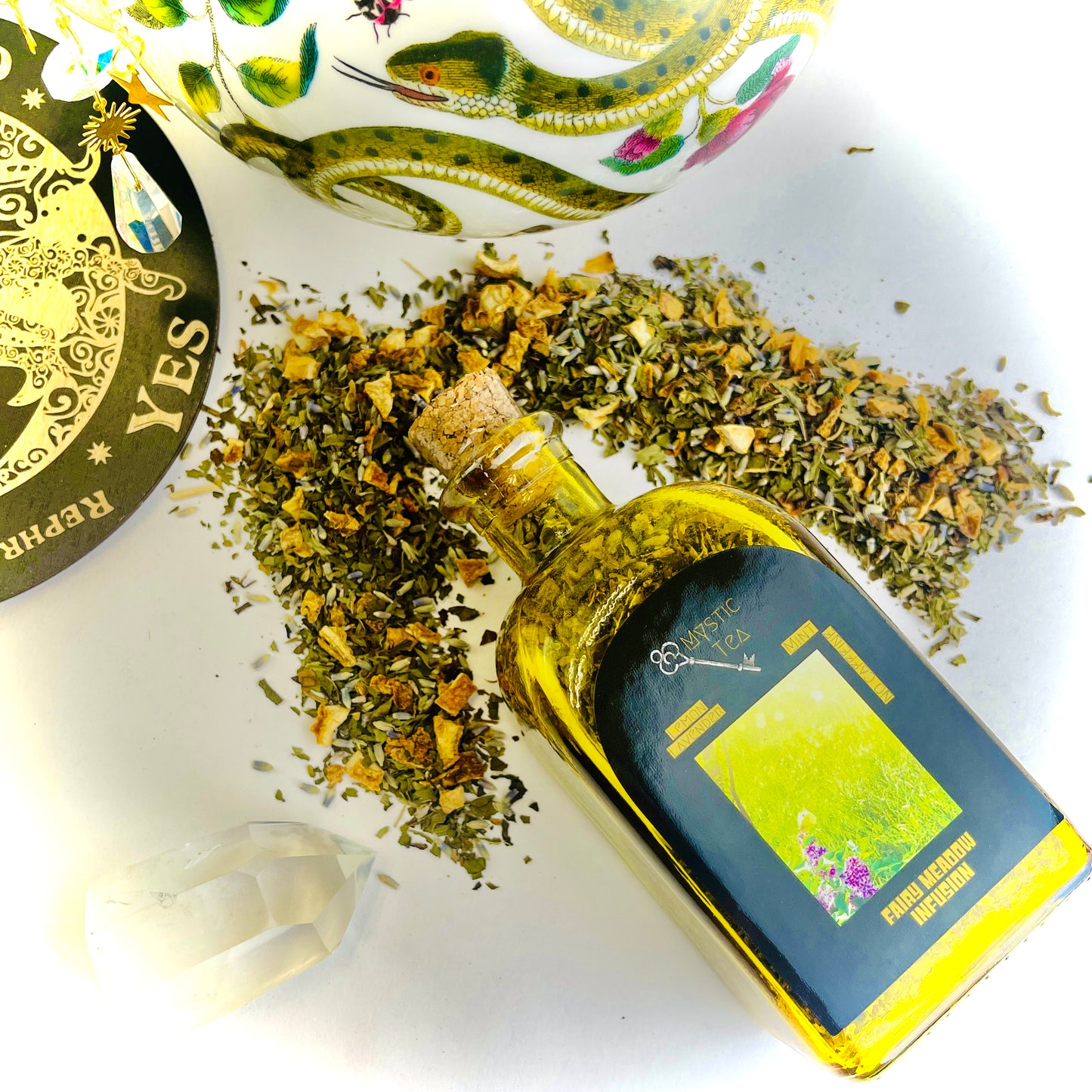 Fairy Meadow Infusion Tea in Yellow Glass Jar Cork Top Loose Leaf Sustainable Spell Intentional