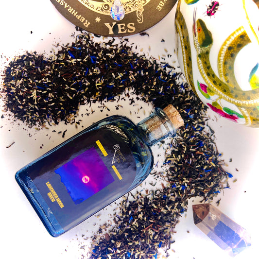 Lavender Moon Brew Tea in Black Glass Jar Cork Top Loose Leaf Sustainable Spell Intentional Lavender Earl Grey