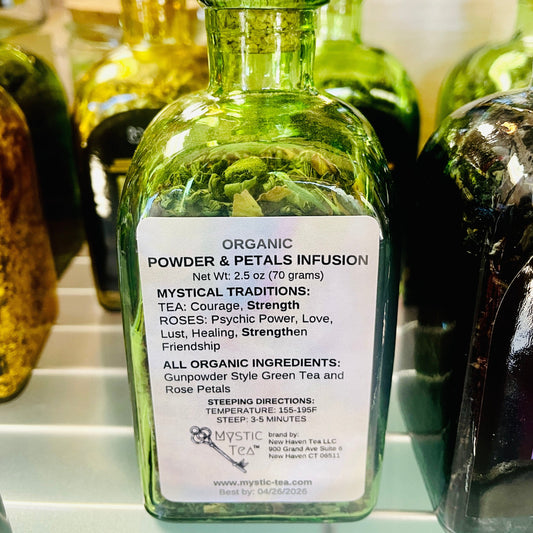 Powder & Petals Potion Organic Tea in Green Glass Jar Cork Top Loose Leaf Sustainable Spell Intentional Gunpowder & Roses