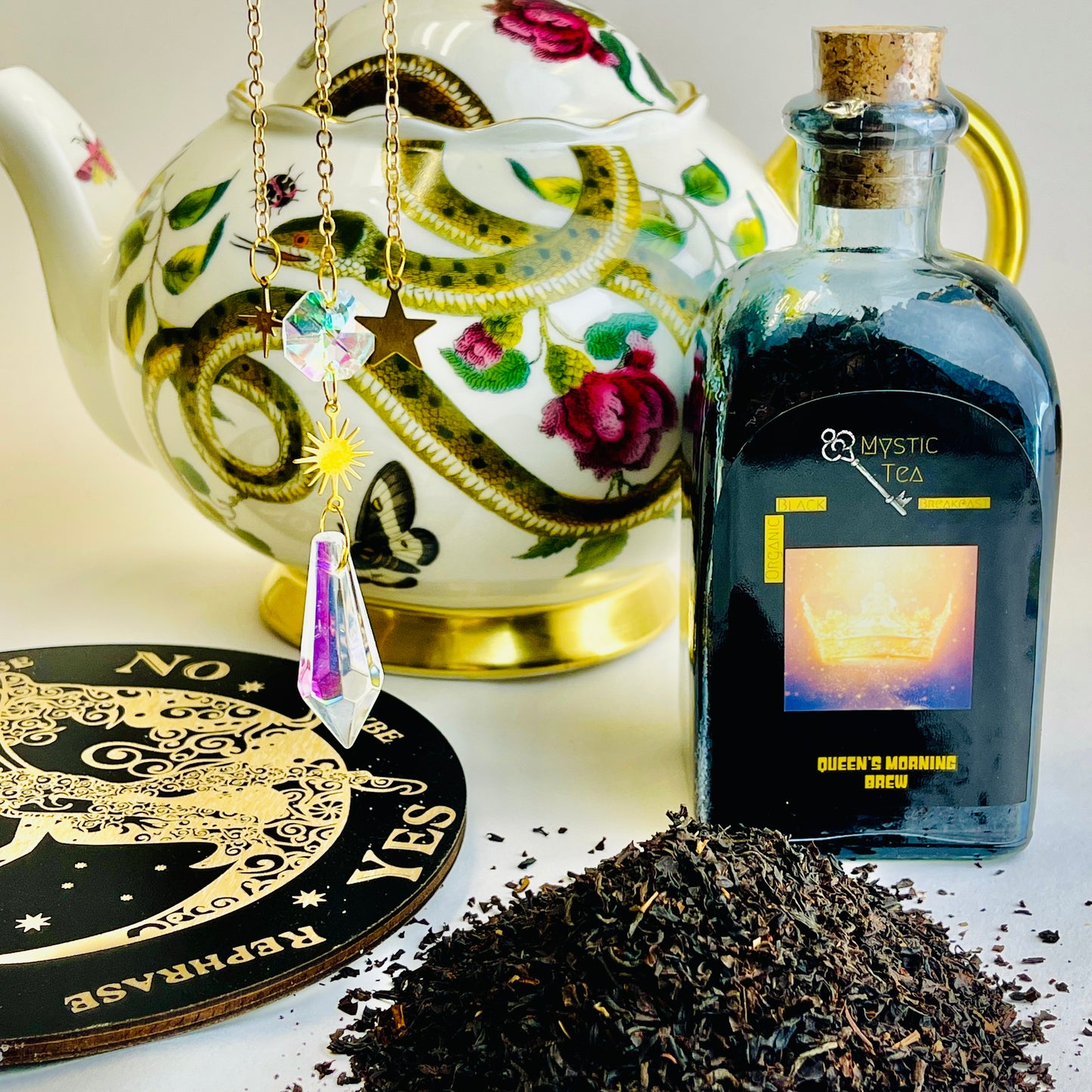 Queen’s Morning Brew Organic Tea in Black Glass Jar Cork Top Loose Leaf Sustainable Spell Intentional